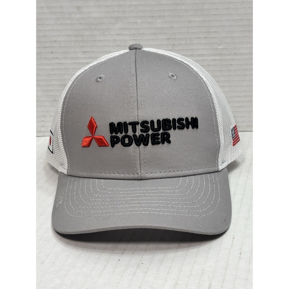 Mitsubishi Power Trucker Hat MX Snapback Gray White Mesh USA Japan Flags
